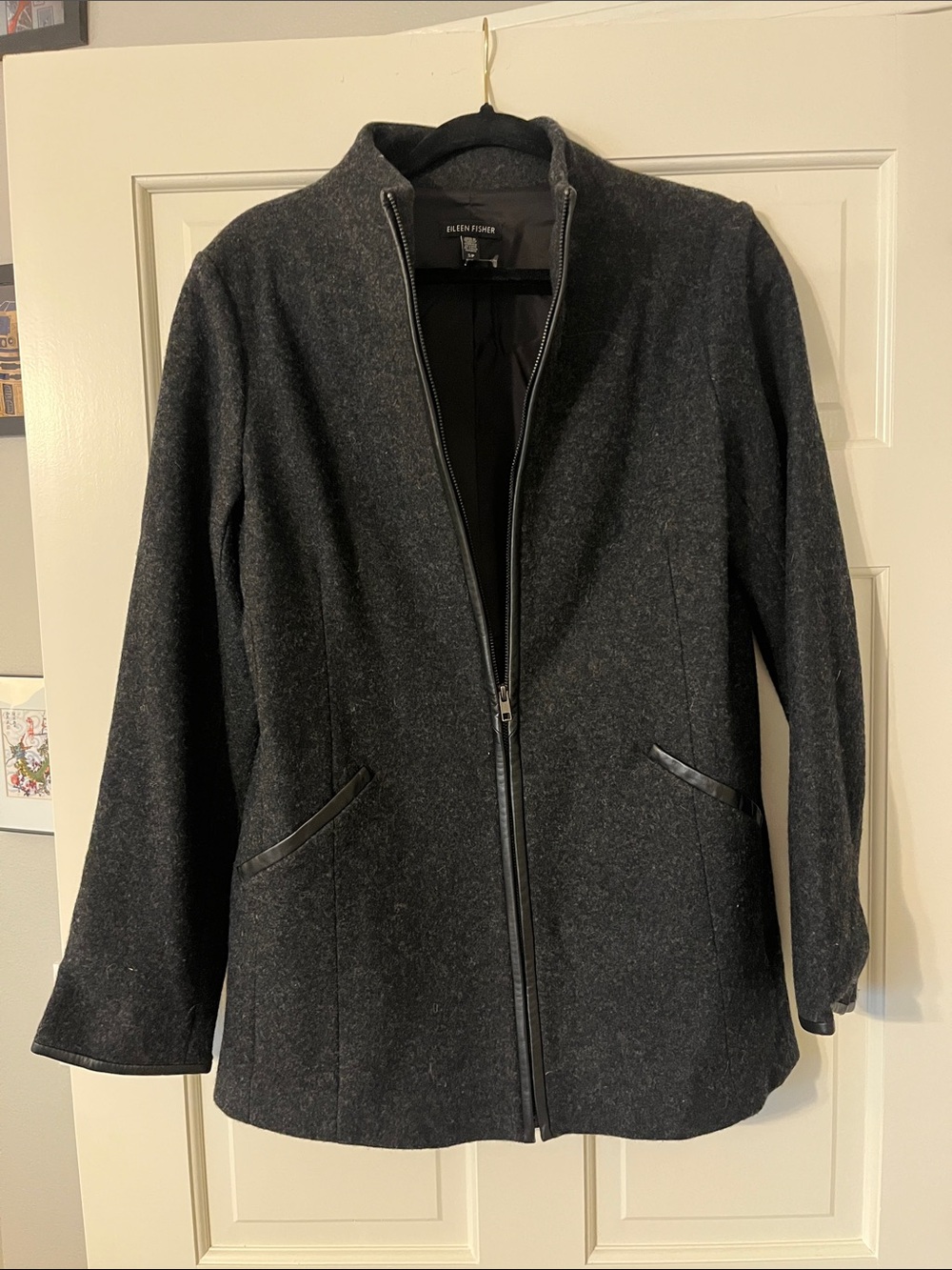 Eileen Fisher Dark Charcoal Zip-Front Wool Trench Coat